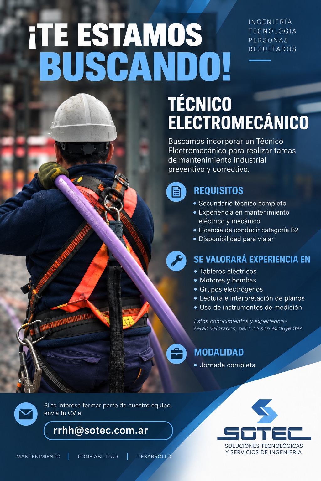 Aviso de búsqueda laboral de SOTEC para Técnico Electromecánico